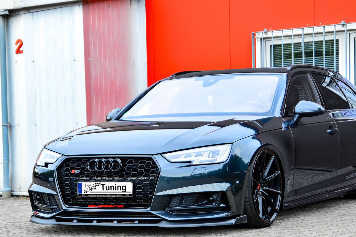 Frontspoilerlippe V2 mit Wings für Audi A4 S-Line und S4 B9, in Wagenfarbe lackiert, von Ingo Noak Tuning, zeigt die sportliche Optik