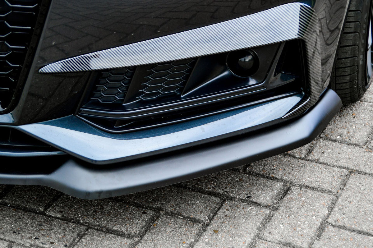 Frontspoilerlippe V2 für Audi A4 S-Line und S4 B9, Ingo Noak Tuning, sichtbare Lippe und Befestigungspunkte vor dem Fahrzeug