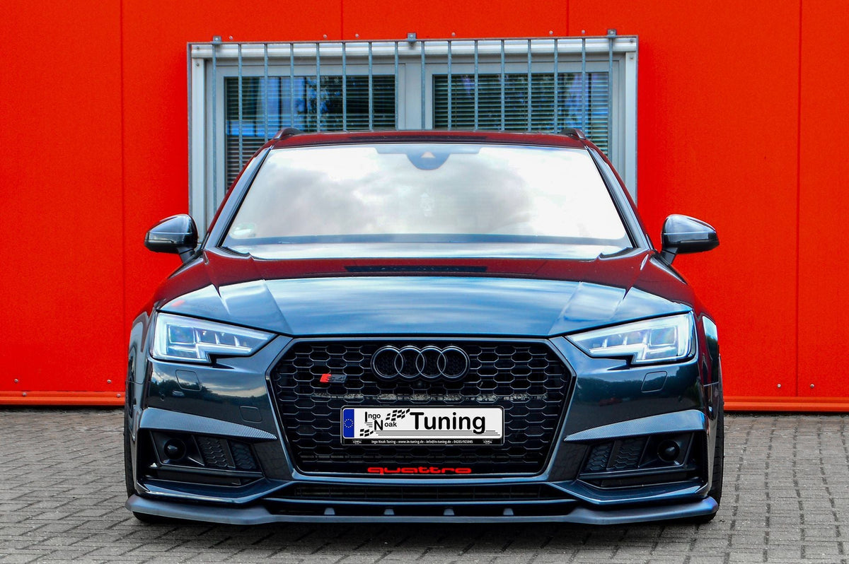 Vordere Spoilerlippe V2 für Audi A4 S-Line S4 B9, Ingo Noak Tuning, aus Polyurethan, zeigt die Frontstoßstange vorne.