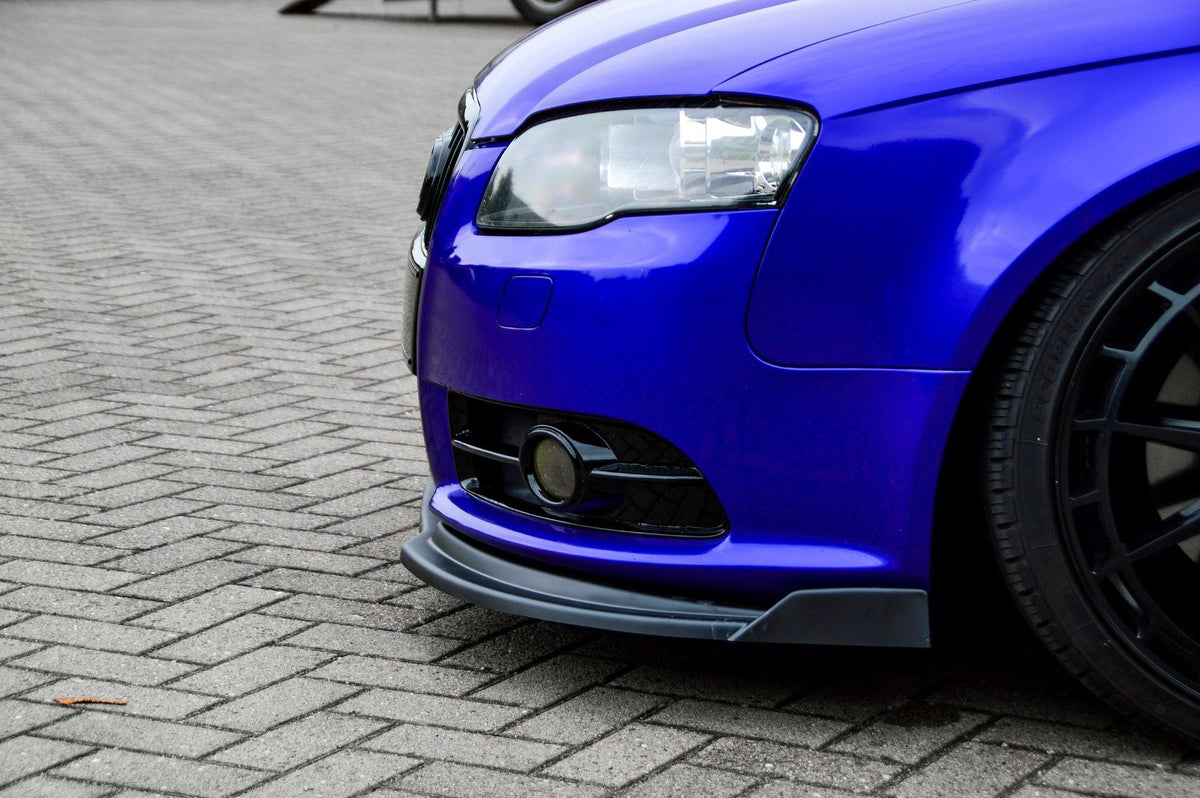 Frontspoilerlippe mit Wings für Audi A4 S4 B7 Avant S-Line, schwarze Tuning-Optik, aus Kunststoff, passgenau für das Fahrzeug.