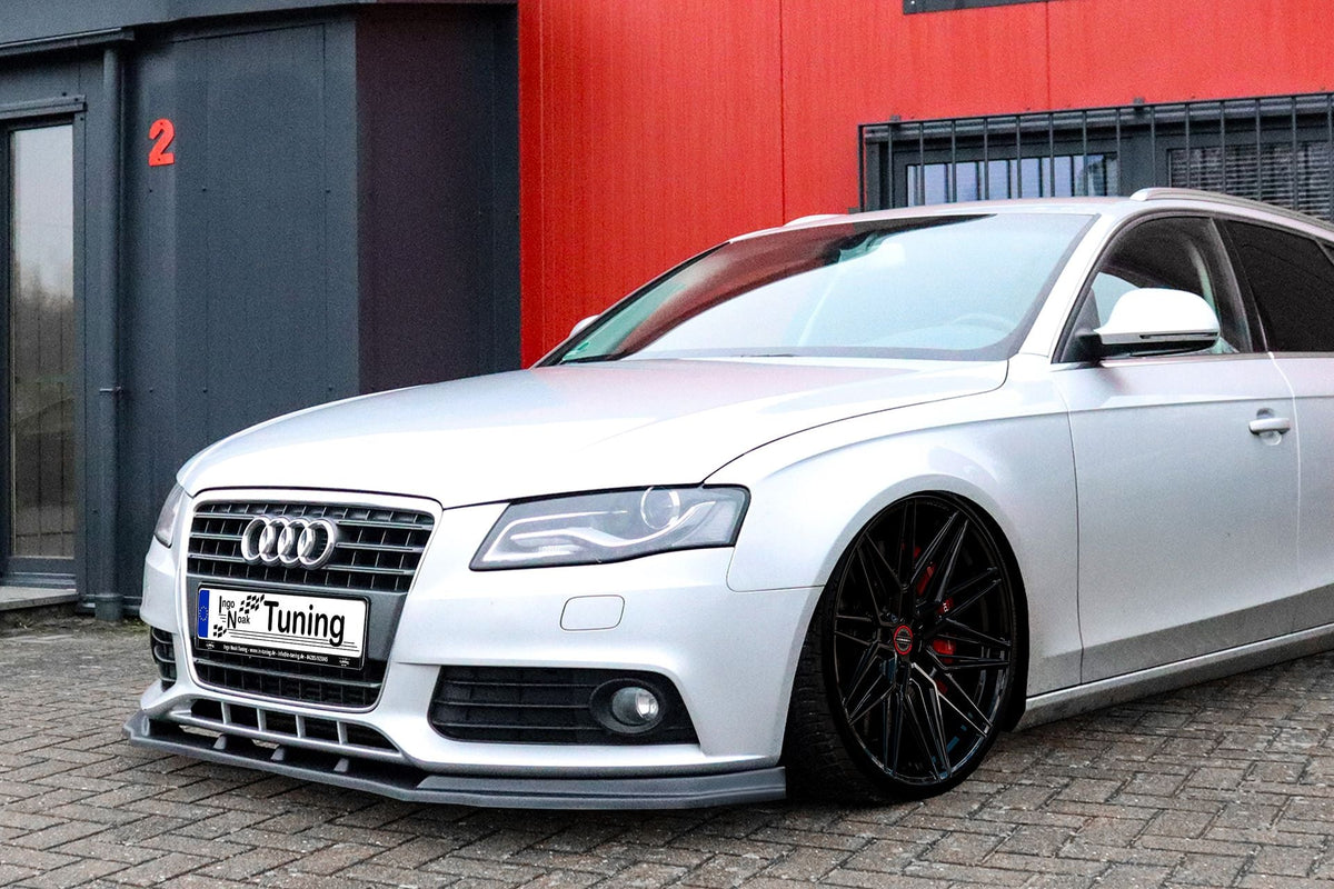 Frontspoilerlippe für Audi A4 B8 S-Line von Ingo Noak Tuning, sportliche Kunststoffstoßstangenverkleidung, detailreiche Montage.