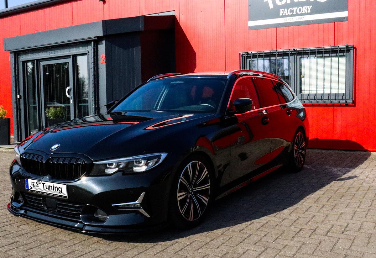 Frontspoilerlippe für BMW 3er G20/G21 ohne M-Paket von Ingo Noak Tuning, aus ABS-Kunststoff, sichtbar an der Fahrzeugfront.