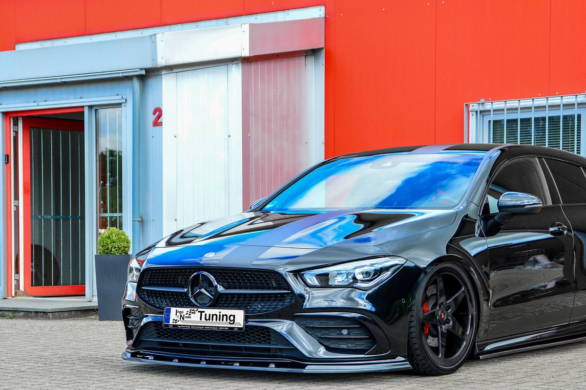 Schwarzne Cuplippe Spoilerlippe aus ABS für Mercedes CLA AMG-Line C118 X118, passend für Ingo Noak Tuning.