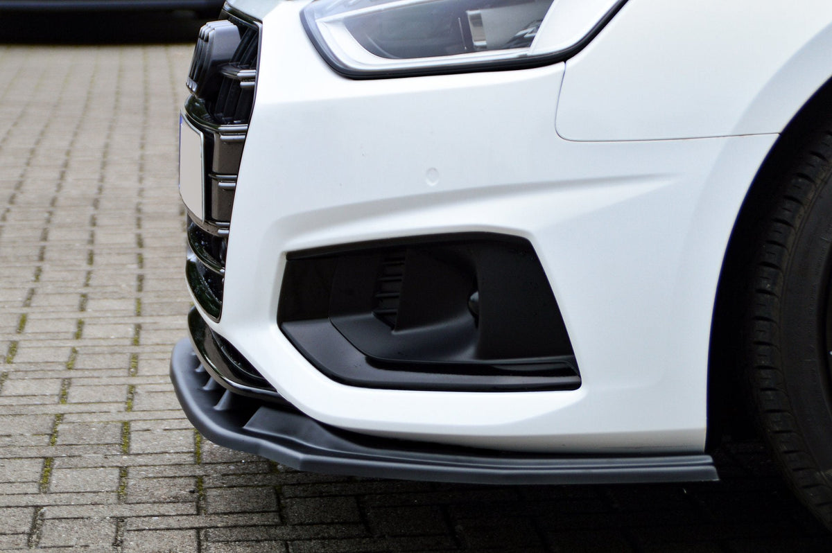 Frontspoilerlippe für Audi A4 B9 Facelift ab 2019, Ingo Noak Tuning, aus Kunststoff, zeigt die aerodynamische Fahrzeugfront.
