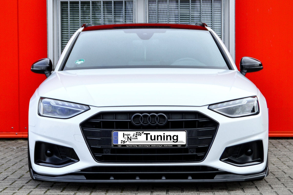 Frontspoilerlippe mit Wing für Audi A4 B9 Facelift ab 2019, Ingo Noak Tuning, sportliches Fahrzeug-Design, sichtbare Spoilerdetails