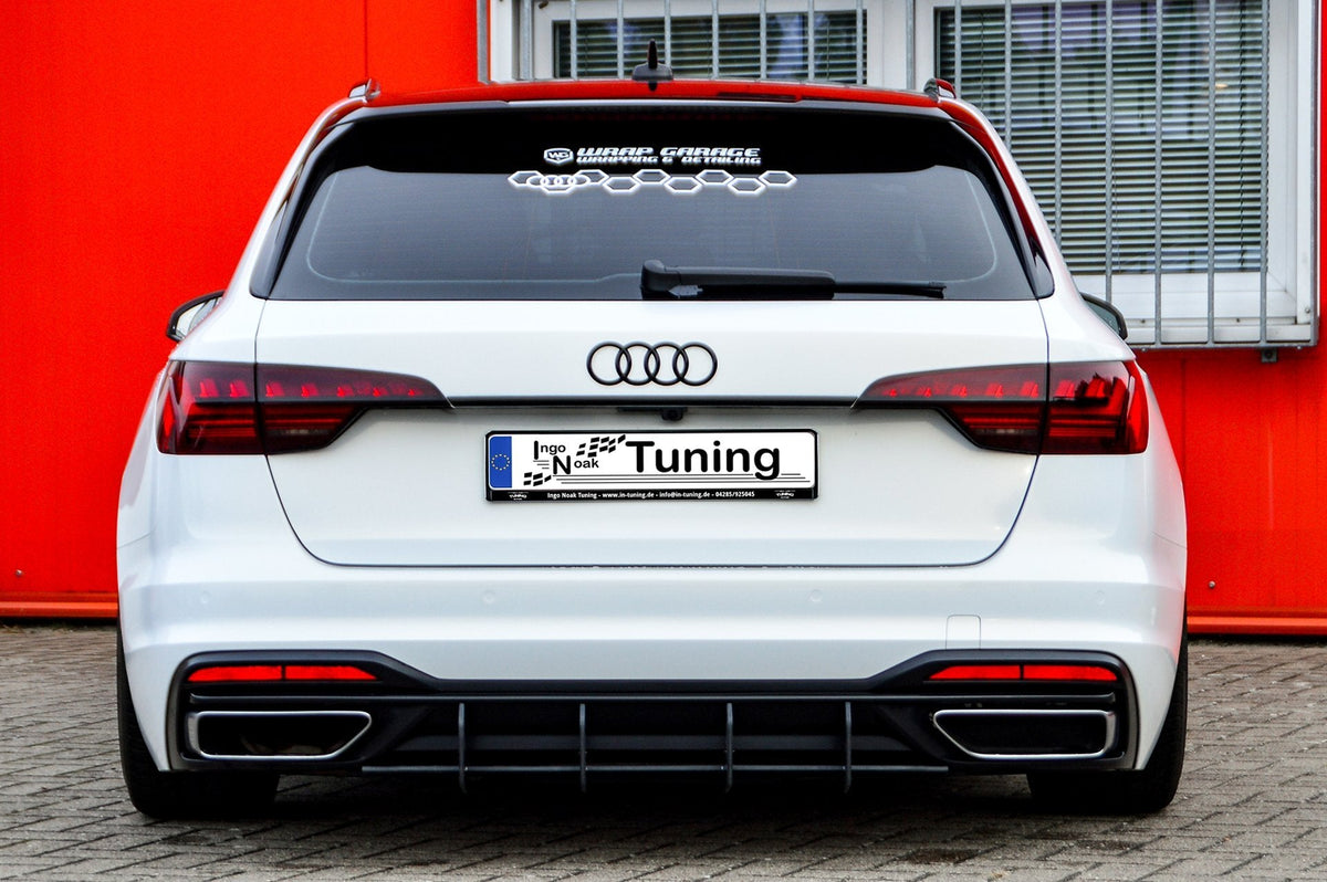 Gefräster ABS-Heckansatz für Audi A4 B9 Avant Facelift von Ingo Noak Tuning, zeigt den schwarzen Tuning-Ansatz an der Heckstoßstange.