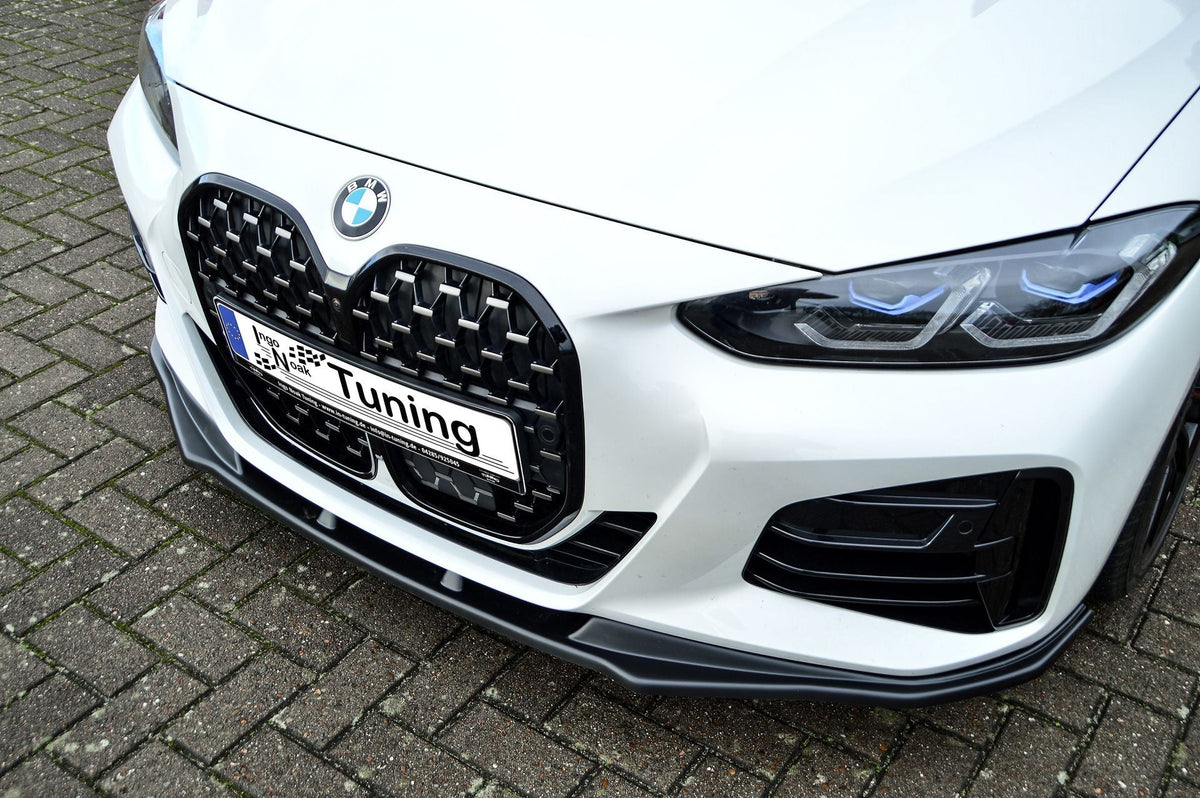 Schwarzes Cuplippe Spoilerschwert aus ABS für BMW 4er G22 G23, Ingo Noak Tuning, seitlich am Fahrzeug sichtbar