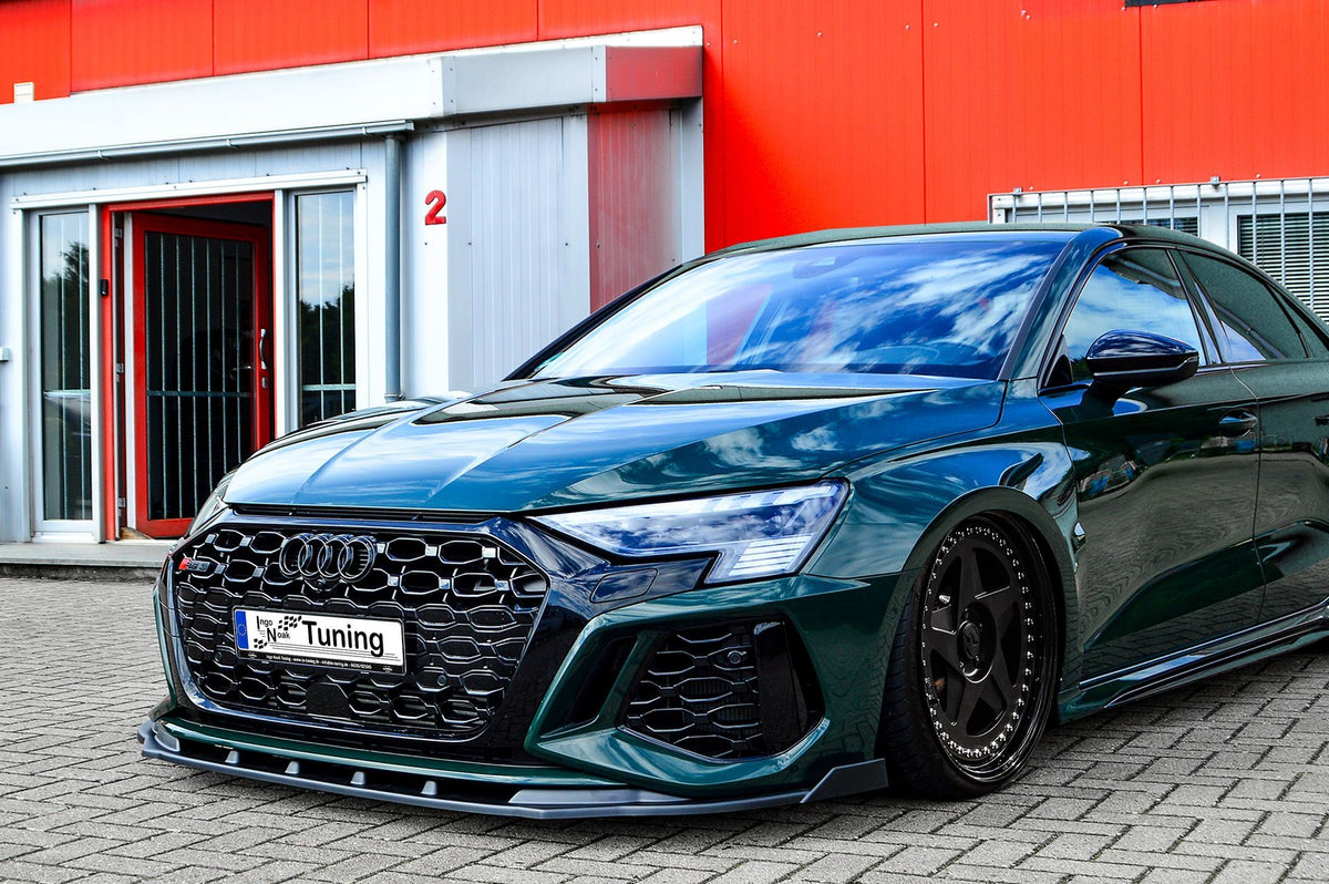 Frontspoilerlippe mit Wings für Audi RS3 8Y ab 2020, Ingo Noak Tuning, aerodynamisches Design, schwarze Kunststoffoptik