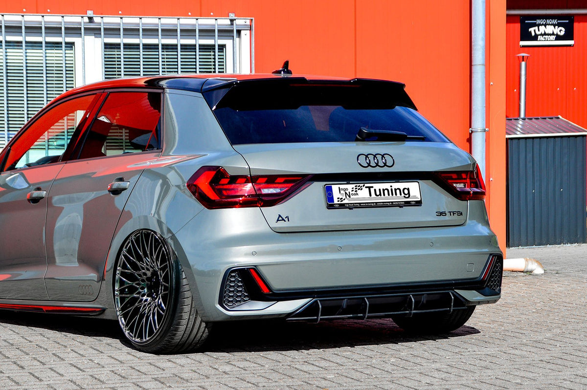Gefräster Heckansatz ohne Endrohr für Audi A1 GB Sportback S-Line von Ingo Noak Tuning, zeigt aerodynamisches Fahrzeugzubehör