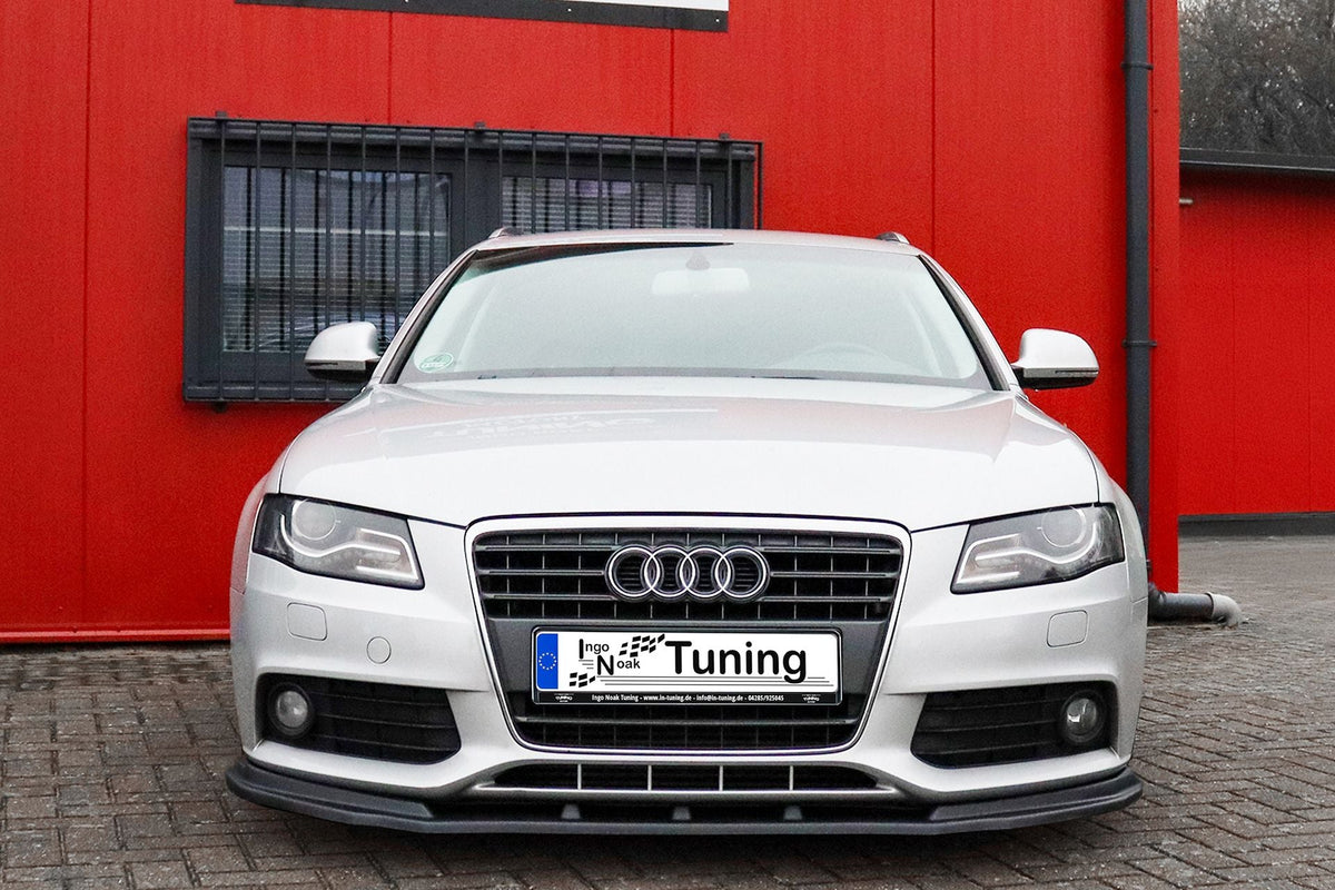 Frontspoilerlippe für Audi A4 B8 S-Line, Ingo Noak Tuning, aus schwarzem Kunststoff, zeigt die aerodynamische Fahrzeugfront.